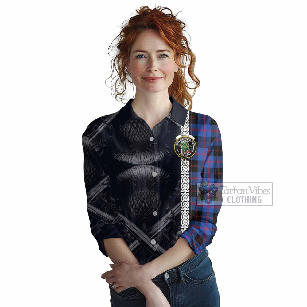 Tartan Vibes Clothing Maule Tartan Women's Casual Shirt with Family Crest Cross Sword Thistle Celtic Vibes