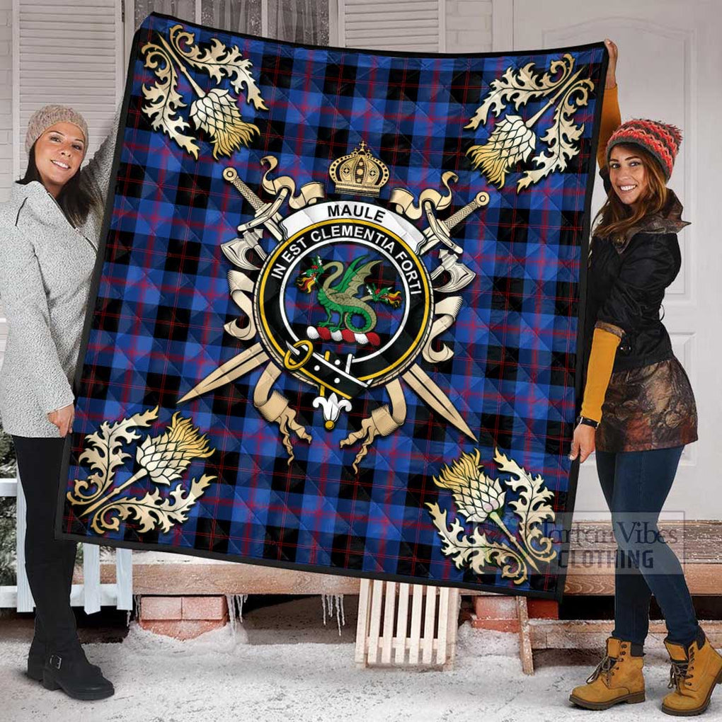 Tartan Vibes Clothing Maule Tartan Quilt with Family Crest and Scottish Golden Courage Shield