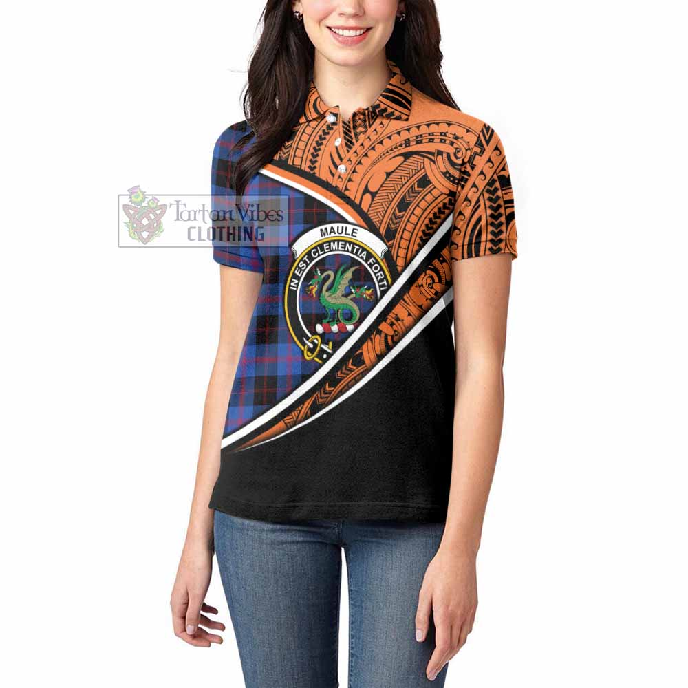 Tartan Vibes Clothing Maule Crest Tartan Women's Polo Shirt with Maori Tattoo Style - Orange Version