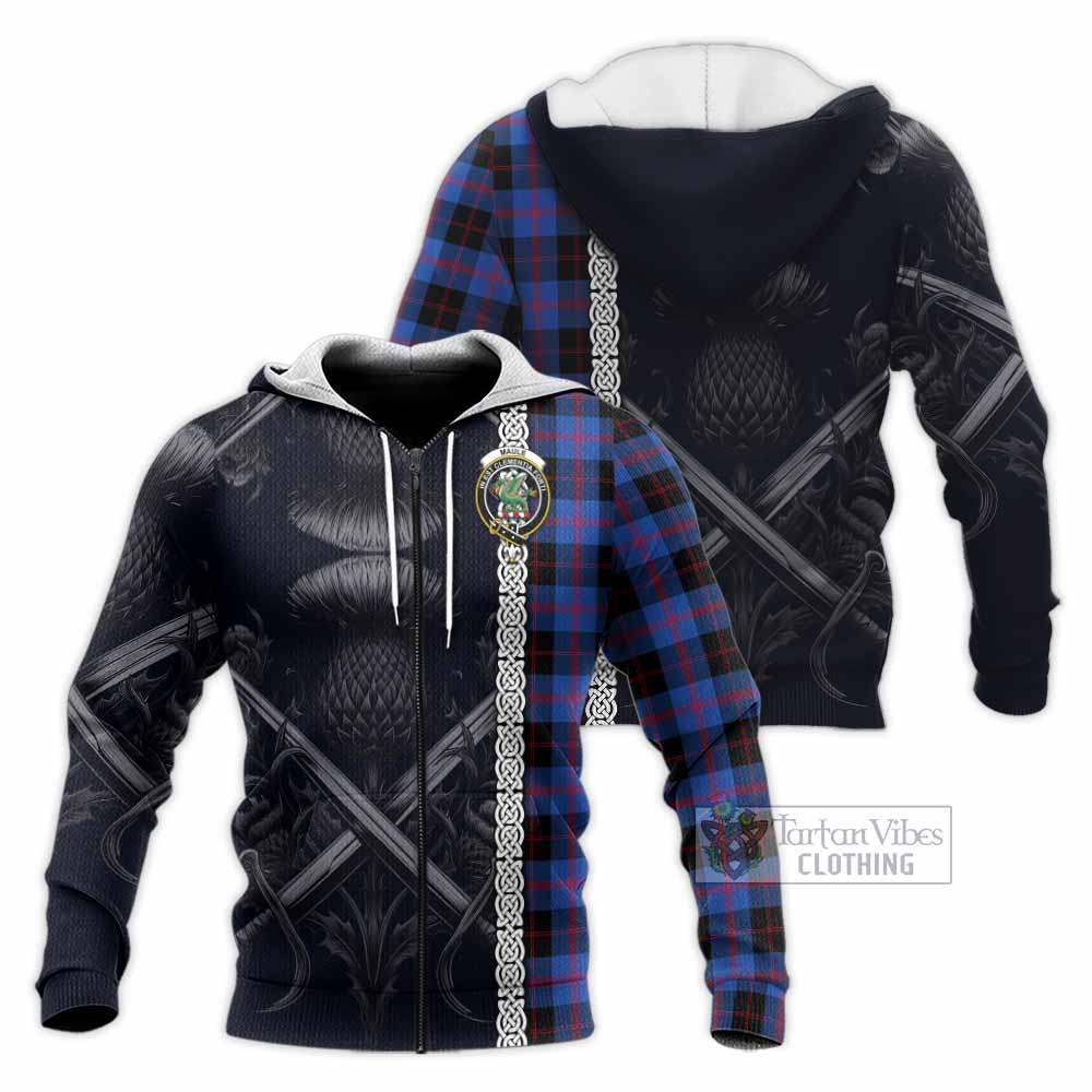 Tartan Vibes Clothing Maule Tartan Knitted Hoodie with Family Crest Cross Sword Thistle Celtic Vibes