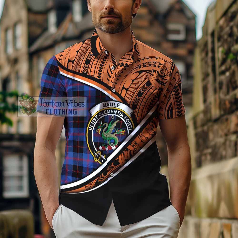 Tartan Vibes Clothing Maule Crest Tartan Short Sleeve Button Shirt with Maori Tattoo Style - Orange Version