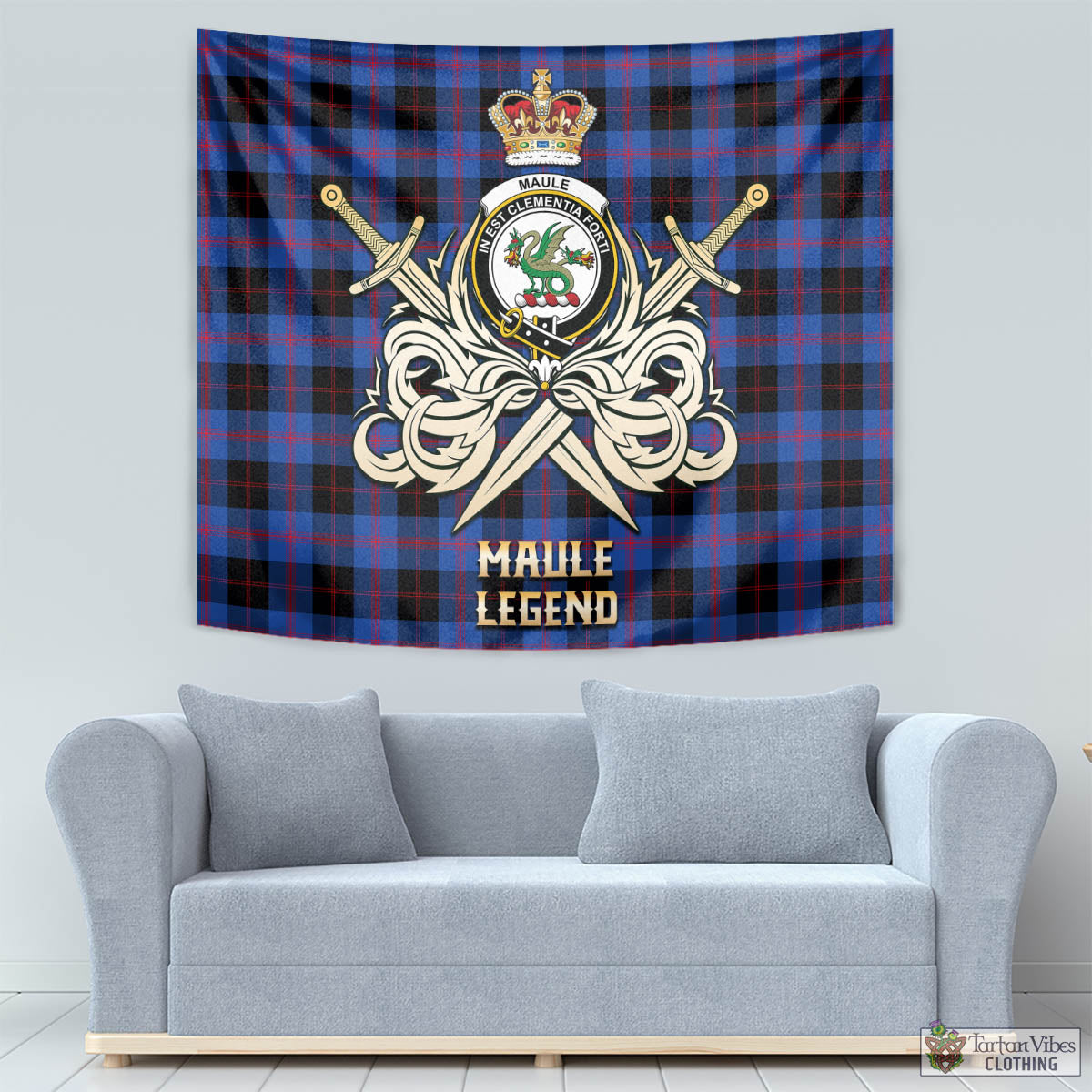 Tartan Vibes Clothing Maule Tartan Tapestry with Clan Crest and the Golden Sword of Courageous Legacy