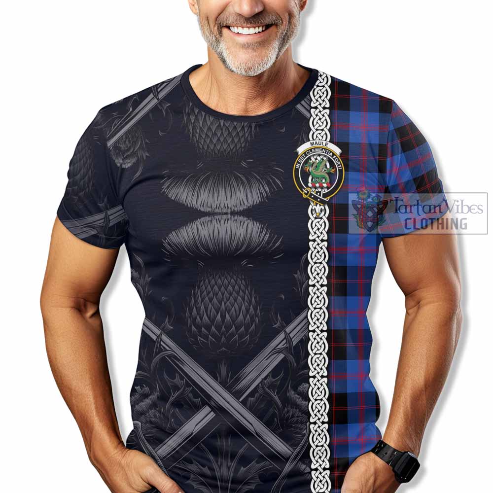 Tartan Vibes Clothing Maule Tartan T-Shirt with Family Crest Cross Sword Thistle Celtic Vibes