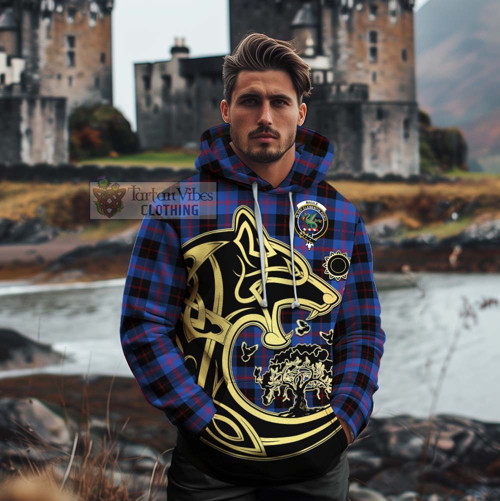 Tartan Vibes Clothing Maule Tartan Cotton Hoodie with Family Crest Celtic Wolf Style