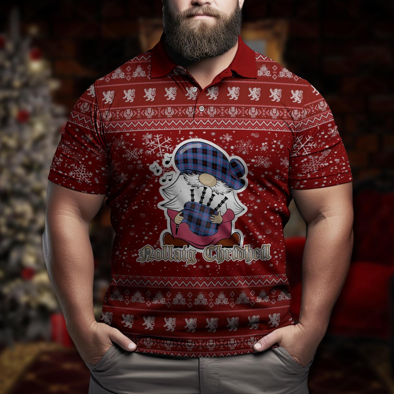 Maule Clan Christmas Family Polo Shirt with Funny Gnome Playing Bagpipes Men's Polo Shirt Red - Tartanvibesclothing