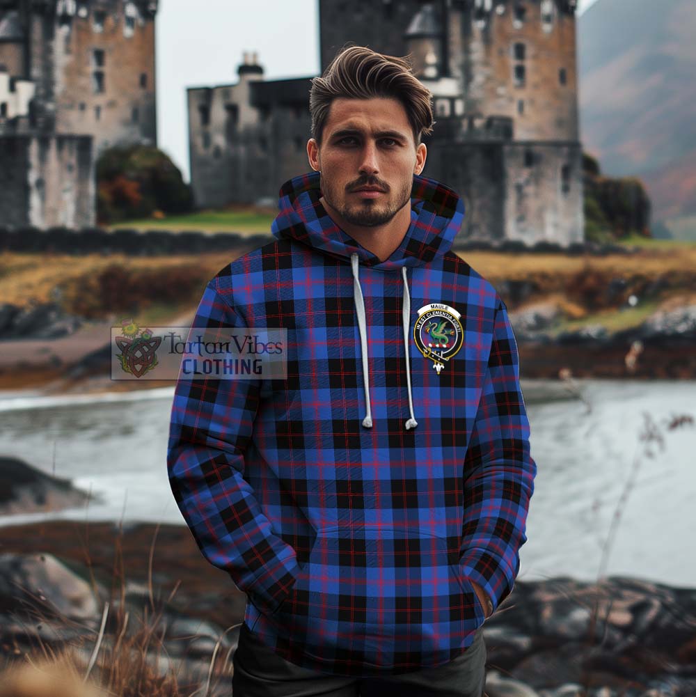 Tartan Vibes Clothing Maule Tartan Cotton Hoodie with Family Crest and Bearded Skull Holding Bottles of Whiskey