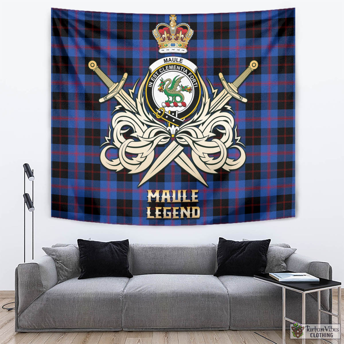 Tartan Vibes Clothing Maule Tartan Tapestry with Clan Crest and the Golden Sword of Courageous Legacy