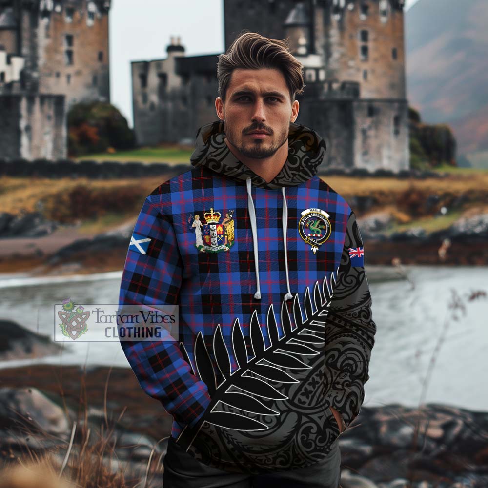 Tartan Vibes Clothing Maule Crest Tartan Cotton Hoodie with New Zealand Silver Fern Half Style