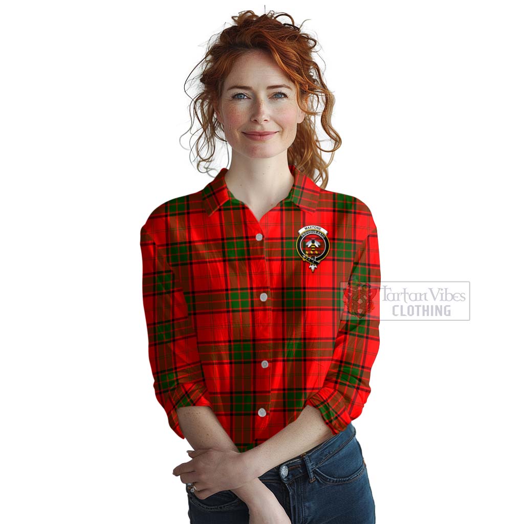 Tartan Vibes Clothing Maxtone Tartan Women's Casual Shirt with Family Crest and Bearded Skull Holding Bottles of Whiskey