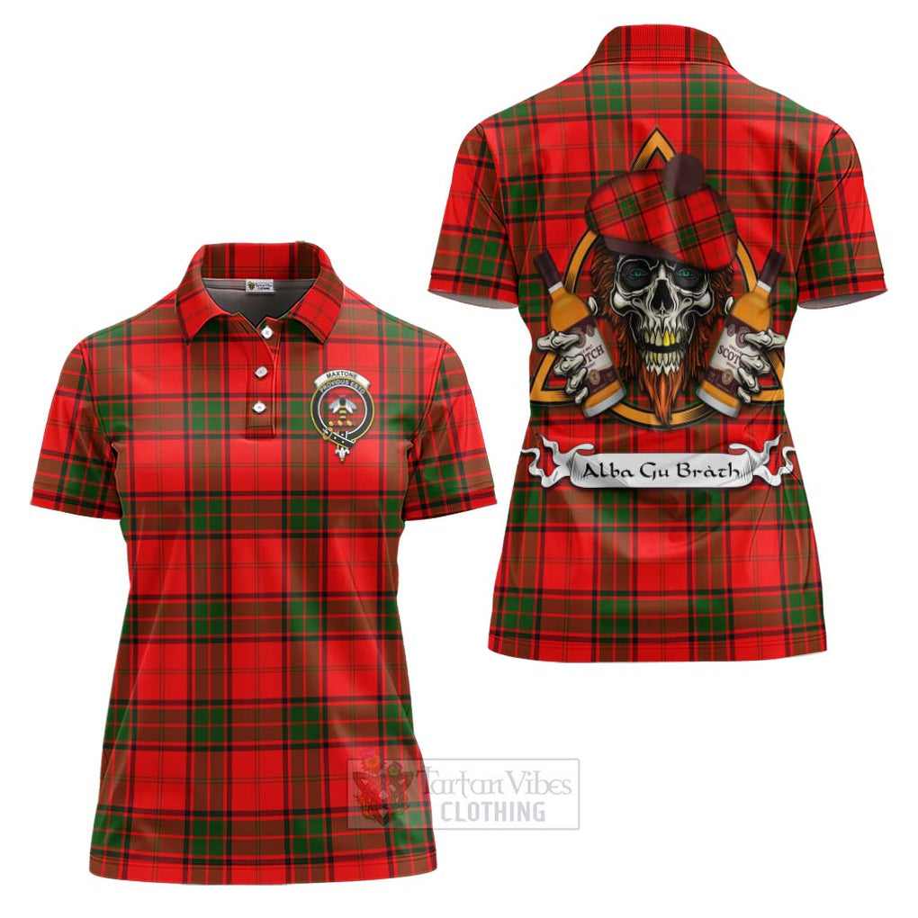 Tartan Vibes Clothing Maxtone Tartan Women's Polo Shirt with Family Crest and Bearded Skull Holding Bottles of Whiskey