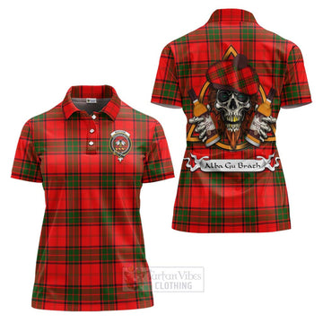 Maxtone Tartan Women's Polo Shirt with Family Crest and Bearded Skull Holding Bottles of Whiskey