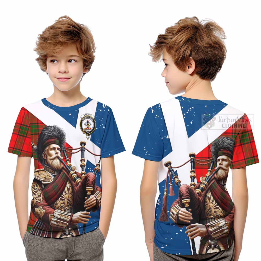 Tartan Vibes Clothing Maxtone Tartan Kid T-Shirt with Family Crest Scottish Bagpiper Vibes