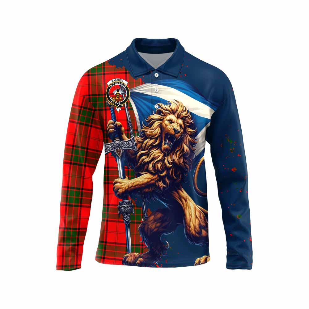 Tartan Vibes Clothing Maxtone Tartan Family Crest Long Sleeve Polo Shirt with Scottish Majestic Lion