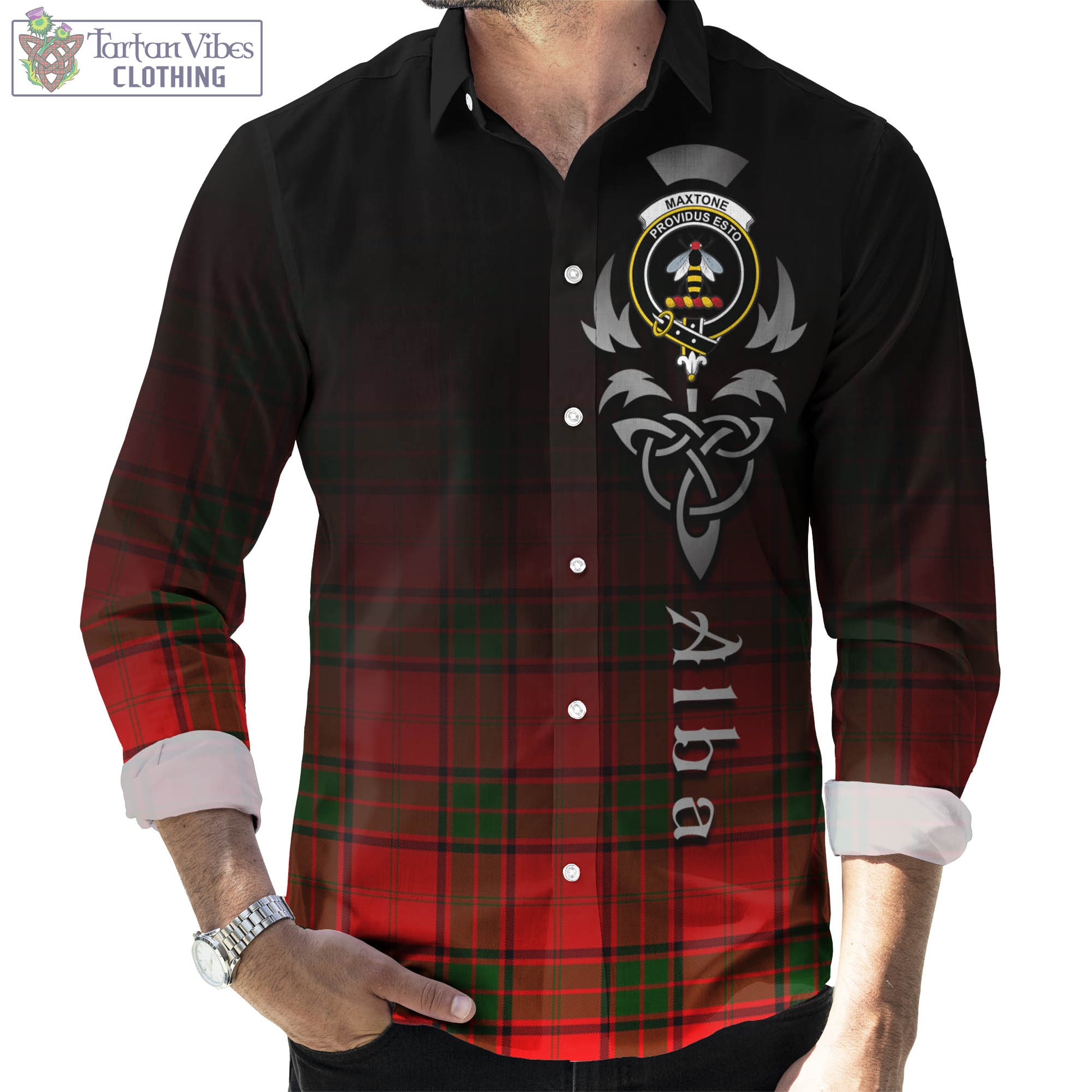 Tartan Vibes Clothing Maxtone Tartan Long Sleeve Button Up Featuring Alba Gu Brath Family Crest Celtic Inspired