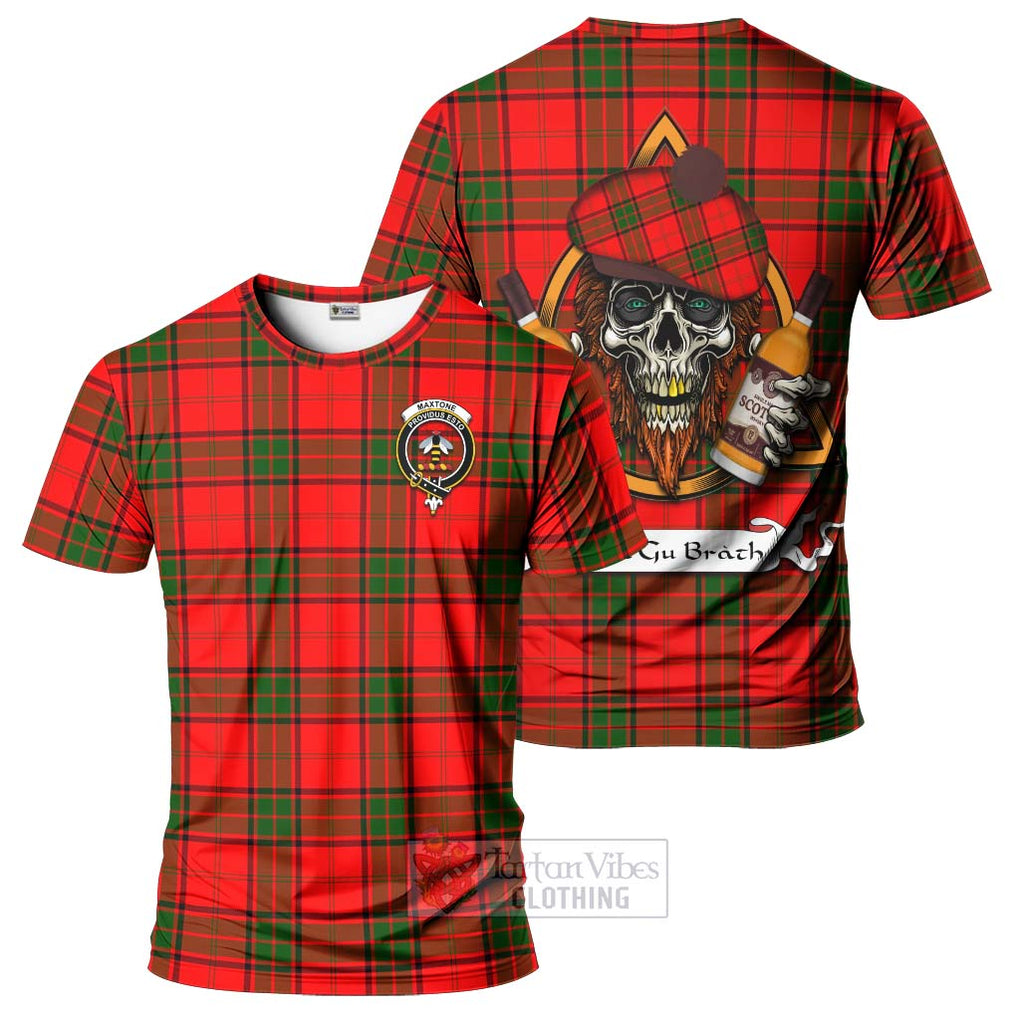 Tartan Vibes Clothing Maxtone Tartan T-Shirt with Family Crest and Bearded Skull Holding Bottles of Whiskey