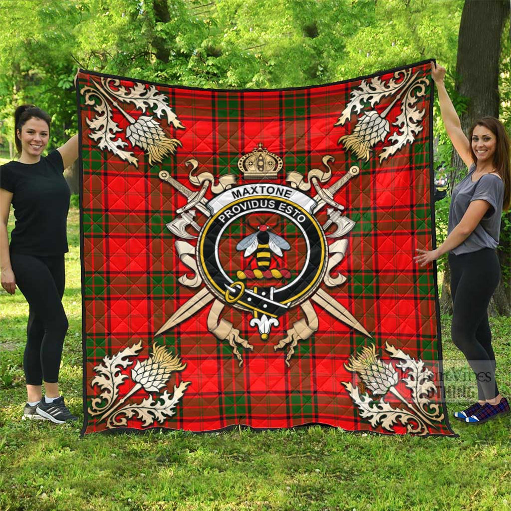 Tartan Vibes Clothing Maxtone Tartan Quilt with Family Crest and Scottish Golden Courage Shield