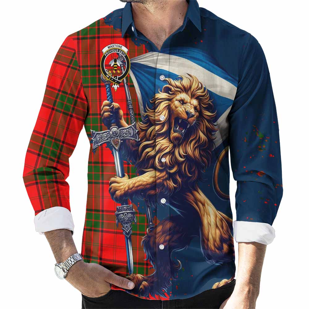 Tartan Vibes Clothing Maxtone Tartan Family Crest Long Sleeve Button Shirt with Scottish Majestic Lion