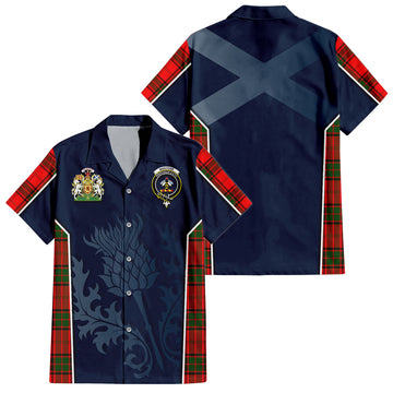 Maxtone Tartan Short Sleeve Button Up Shirt with Family Crest and Scottish Thistle Vibes Sport Style