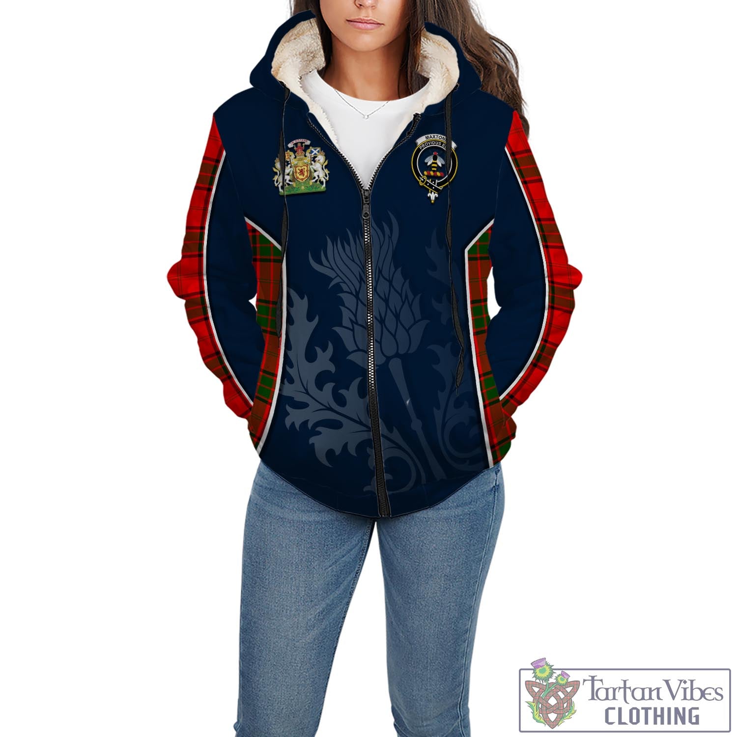 Tartan Vibes Clothing Maxtone Tartan Sherpa Hoodie with Family Crest and Scottish Thistle Vibes Sport Style