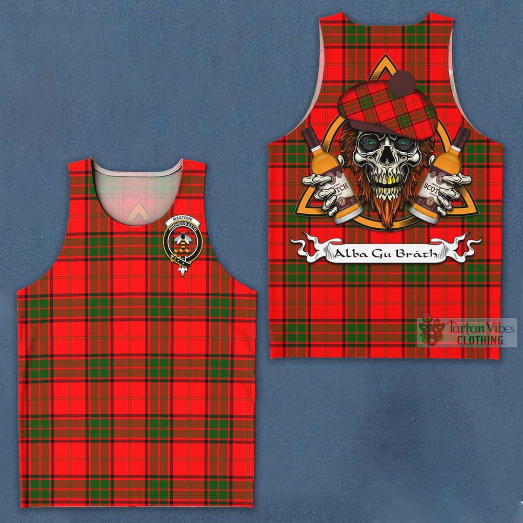 Tartan Vibes Clothing Maxtone Tartan Men's Tank Top with Family Crest and Bearded Skull Holding Bottles of Whiskey