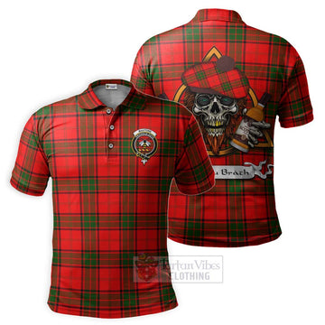 Maxtone Tartan Polo Shirt with Family Crest and Bearded Skull Holding Bottles of Whiskey