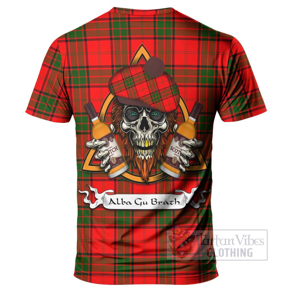 Tartan Vibes Clothing Maxtone Tartan T-Shirt with Family Crest and Bearded Skull Holding Bottles of Whiskey