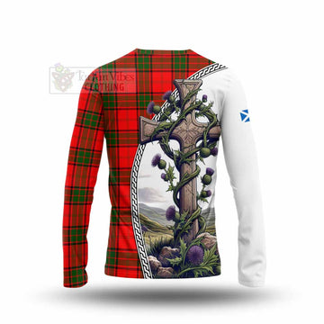 Maxtone Tartan Long Sleeve T-Shirt with Family Crest and St. Andrew's Cross Accented by Thistle Vines - Tartan Vibes Clothing