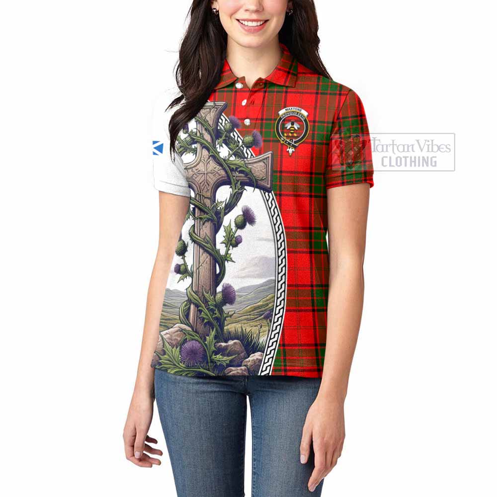 Tartan Vibes Clothing Maxtone Tartan Women's Polo Shirt with Family Crest and St. Andrew's Cross Accented by Thistle Vines