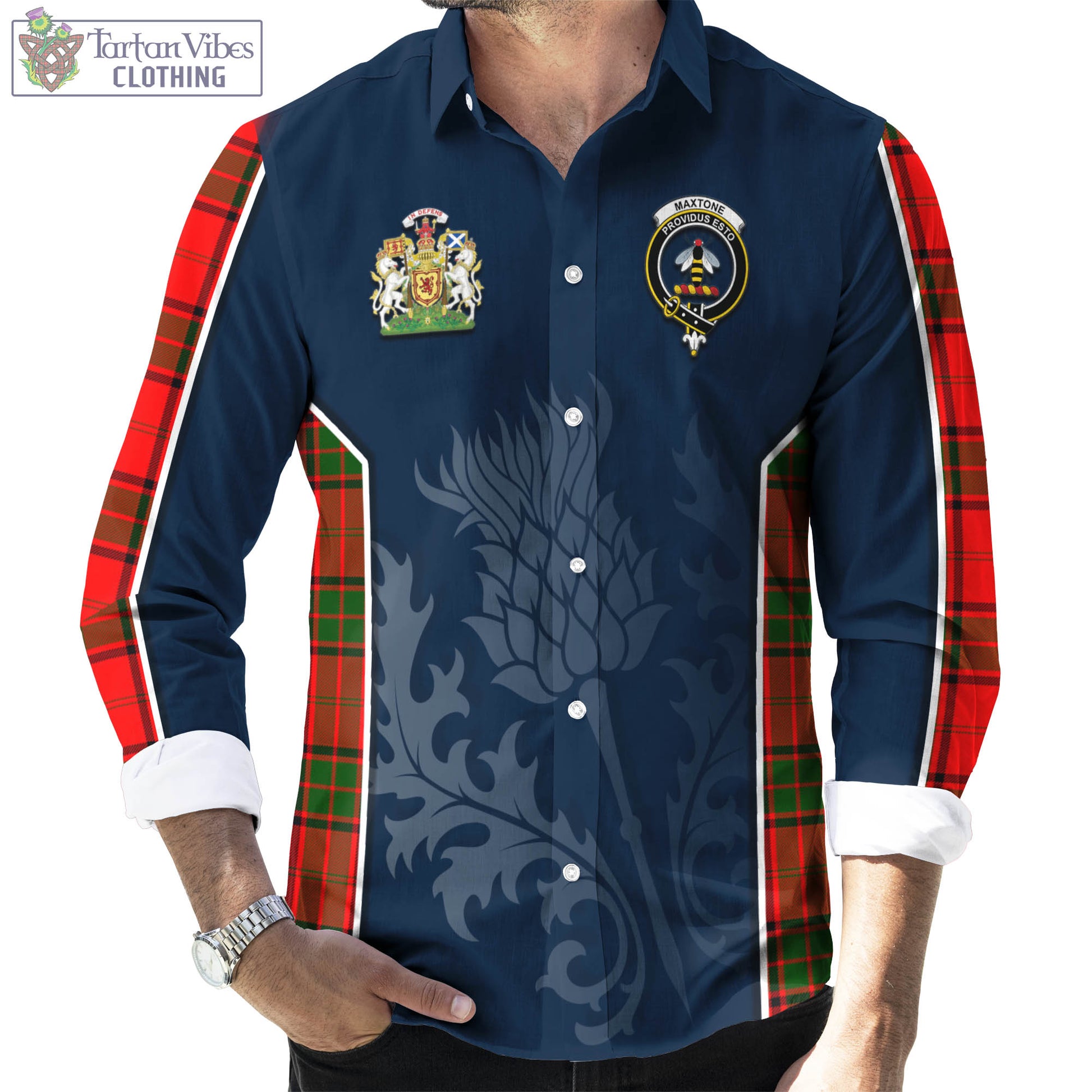 Tartan Vibes Clothing Maxtone Tartan Long Sleeve Button Up Shirt with Family Crest and Scottish Thistle Vibes Sport Style