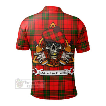 Maxtone Tartan Polo Shirt with Family Crest and Bearded Skull Holding Bottles of Whiskey