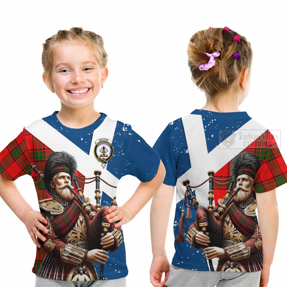 Tartan Vibes Clothing Maxtone Tartan Kid T-Shirt with Family Crest Scottish Bagpiper Vibes