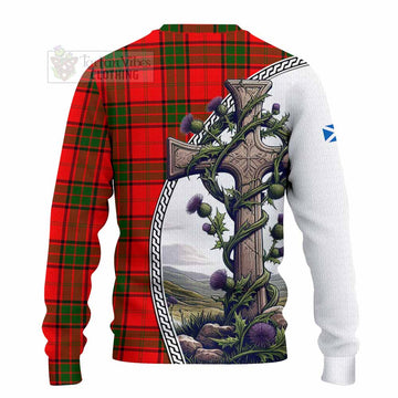 Maxtone Tartan Knitted Sweater with Family Crest and St. Andrew's Cross Accented by Thistle Vines - Tartan Vibes Clothing