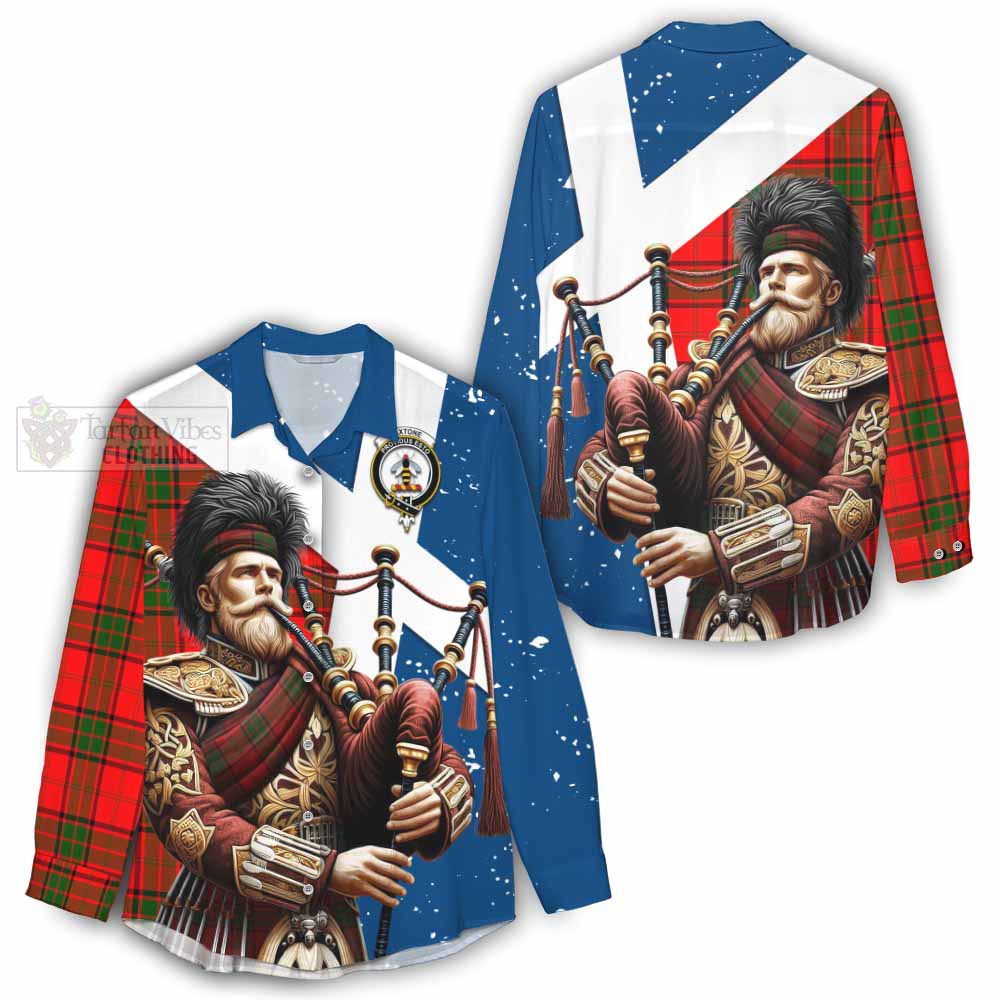 Tartan Vibes Clothing Maxtone Tartan Women's Casual Shirt with Family Crest Scottish Bagpiper Vibes