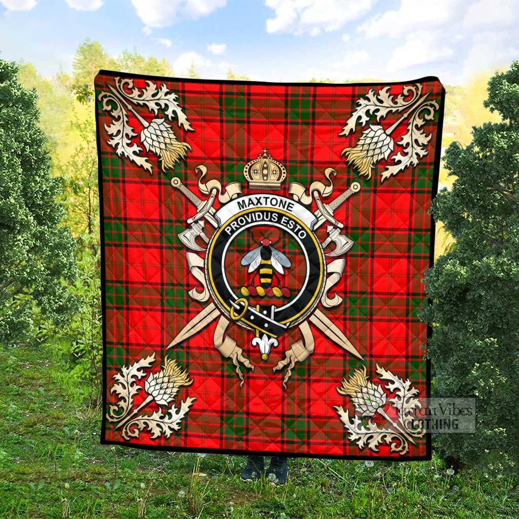 Tartan Vibes Clothing Maxtone Tartan Quilt with Family Crest and Scottish Golden Courage Shield