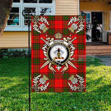 Maxtone Tartan Flag with Family Crest and Golden Thistle Crossed Sword Design