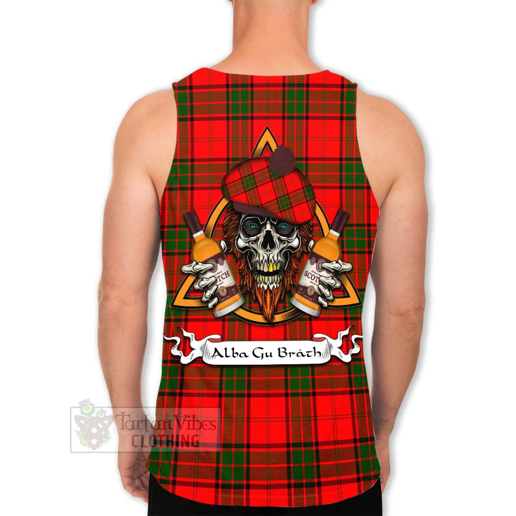 Tartan Vibes Clothing Maxtone Tartan Men's Tank Top with Family Crest and Bearded Skull Holding Bottles of Whiskey