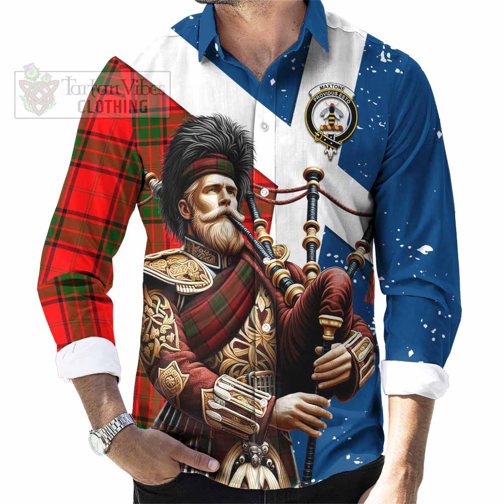 Tartan Vibes Clothing Maxtone Tartan Long Sleeve Button Shirt with Family Crest Scottish Bagpiper Vibes