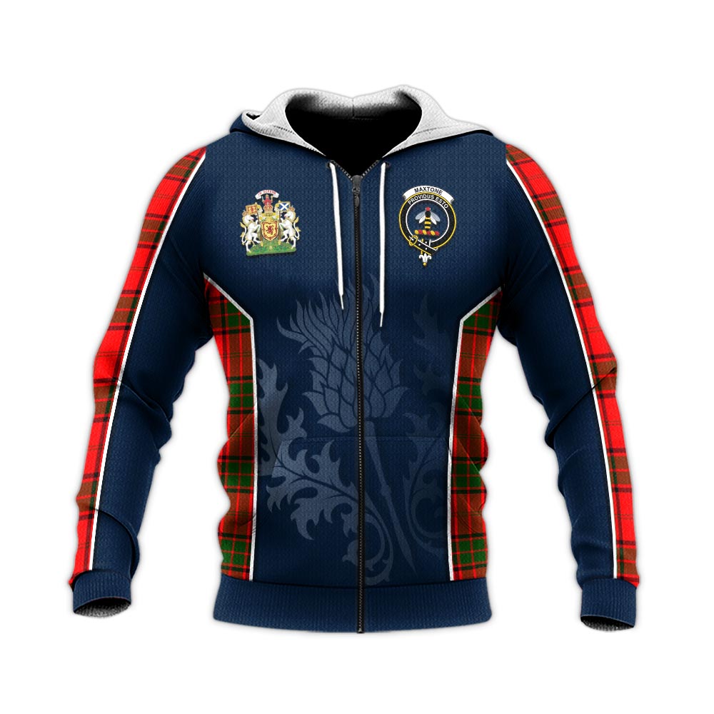 Tartan Vibes Clothing Maxtone Tartan Knitted Hoodie with Family Crest and Scottish Thistle Vibes Sport Style