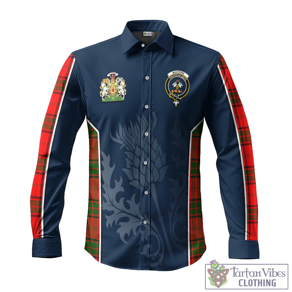 Tartan Vibes Clothing Maxtone Tartan Long Sleeve Button Up Shirt with Family Crest and Scottish Thistle Vibes Sport Style