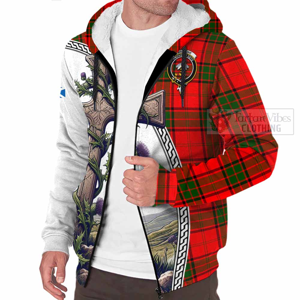 Tartan Vibes Clothing Maxtone Tartan Sherpa Hoodie with Family Crest and St. Andrew's Cross Accented by Thistle Vines