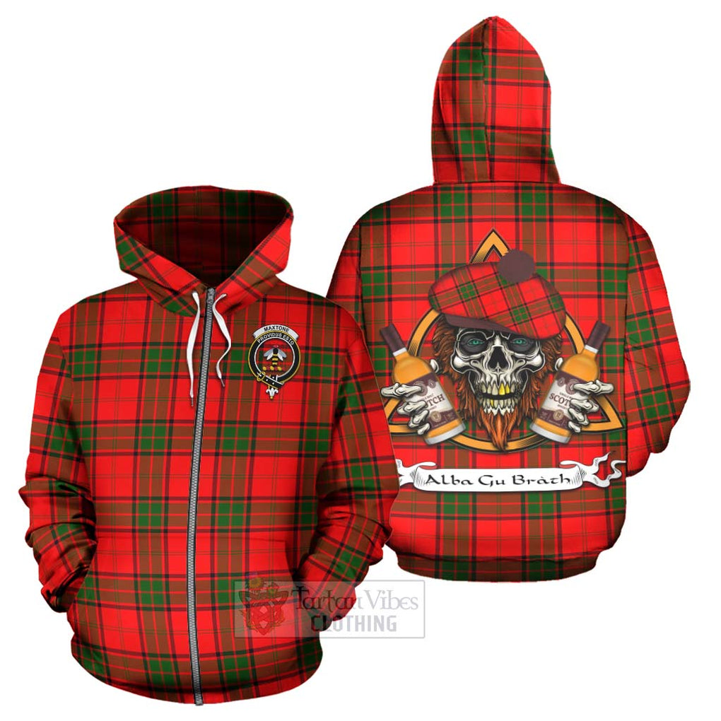 Tartan Vibes Clothing Maxtone Tartan Hoodie with Family Crest and Bearded Skull Holding Bottles of Whiskey