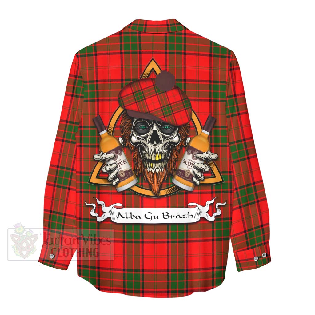 Tartan Vibes Clothing Maxtone Tartan Women's Casual Shirt with Family Crest and Bearded Skull Holding Bottles of Whiskey