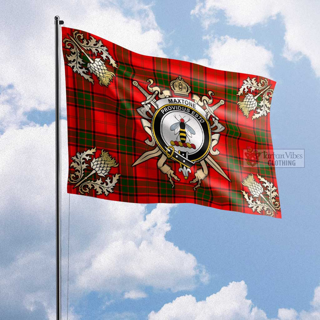 Tartan Vibes Clothing Maxtone Tartan Flag with Family Crest and Golden Thistle Crossed Sword Design