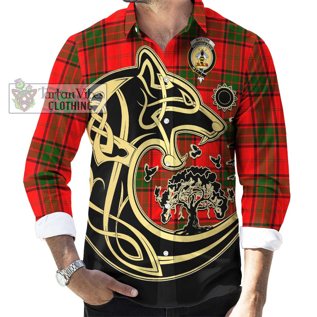 Maxtone Tartan Long Sleeve Button Shirt with Family Crest Celtic Wolf Style - Tartan Vibes Clothing