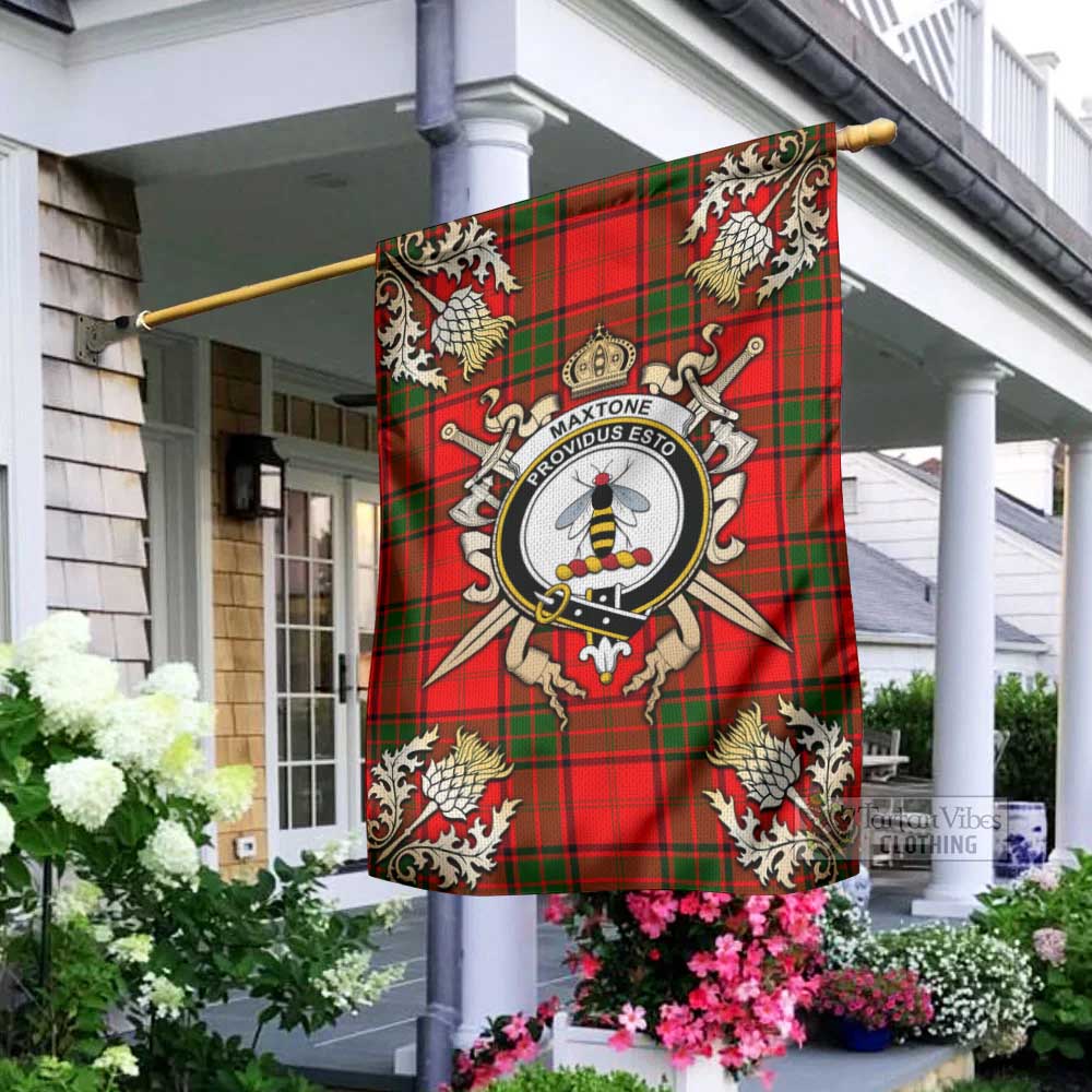 Tartan Vibes Clothing Maxtone Tartan Flag with Family Crest and Golden Thistle Crossed Sword Design