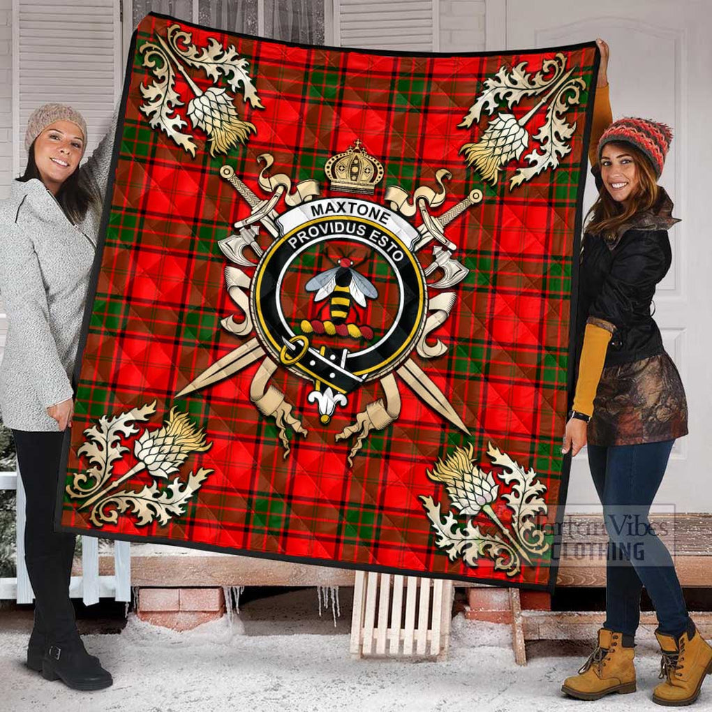 Tartan Vibes Clothing Maxtone Tartan Quilt with Family Crest and Scottish Golden Courage Shield