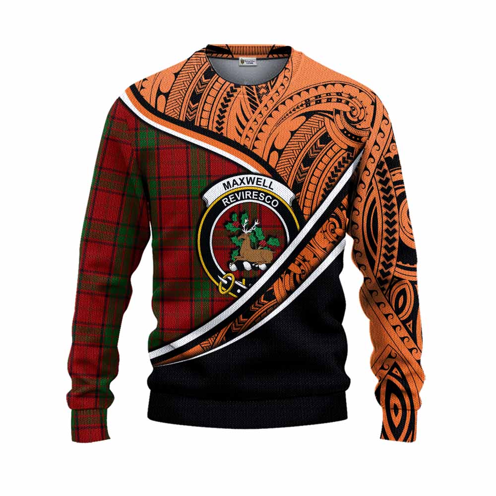 Tartan Vibes Clothing Maxwell Crest Tartan Knitted Sweater with Maori Tattoo Style - Orange Version