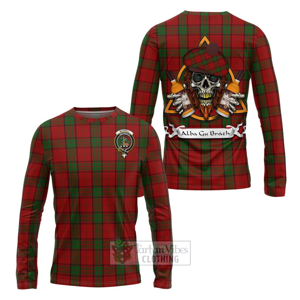 Tartan Vibes Clothing Maxwell Tartan Long Sleeve T-Shirt with Family Crest and Bearded Skull Holding Bottles of Whiskey