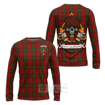 Maxwell Tartan Long Sleeve T-Shirt with Family Crest and Bearded Skull Holding Bottles of Whiskey