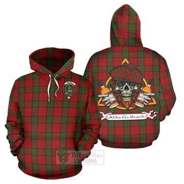 Maxwell Tartan Hoodie with Family Crest and Bearded Skull Holding Bottles of Whiskey